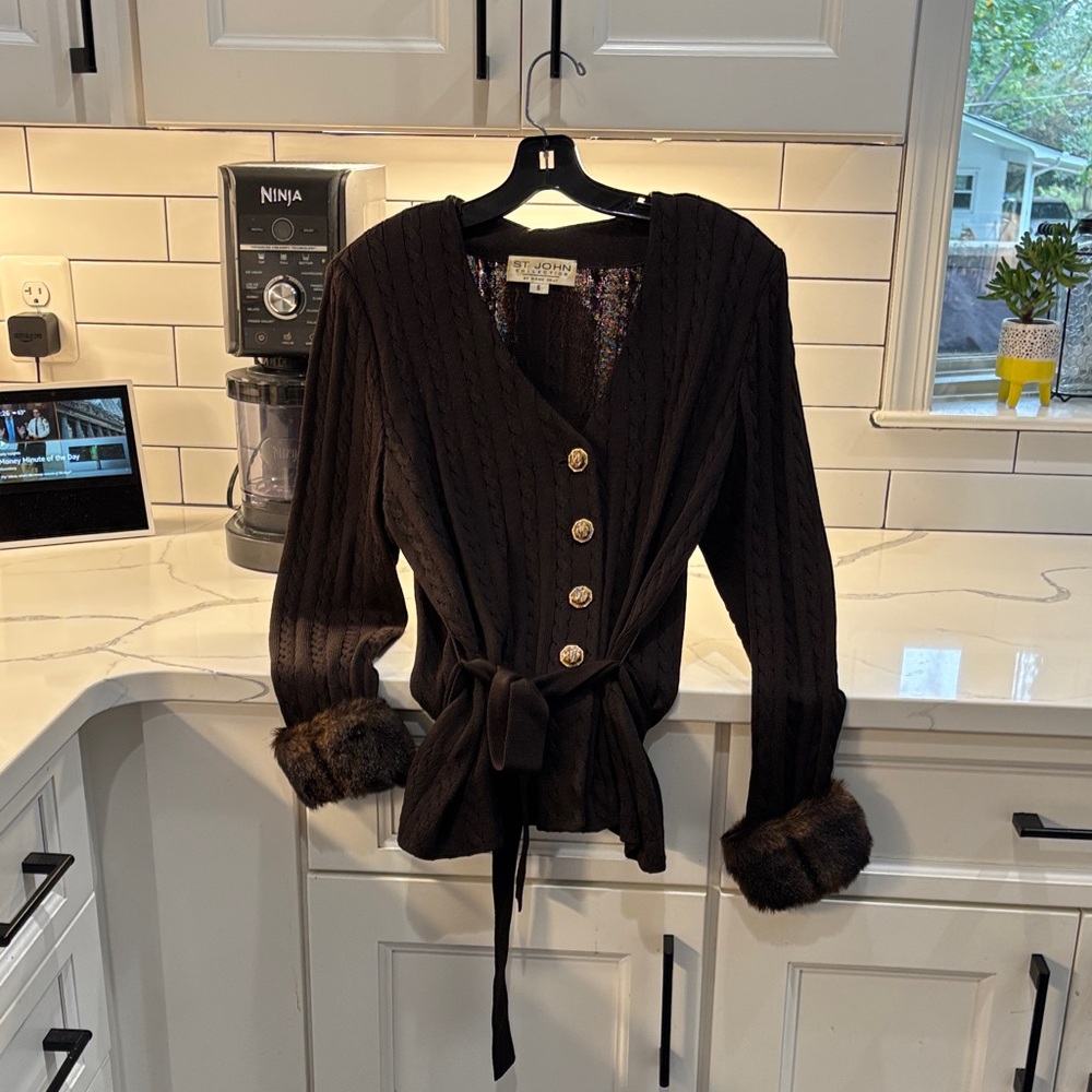 St. John Collection Dark Brown Cardigan with Gold Buttons- removable fur collar